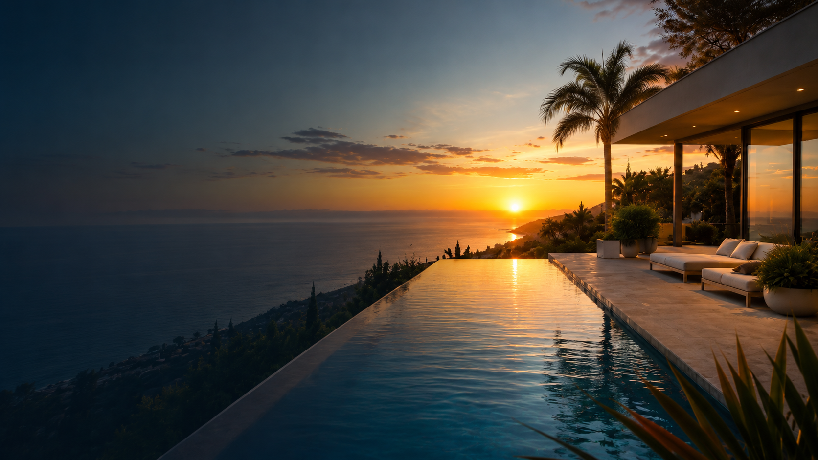 Piscina infinity de lujo al atardecer con vistas al mar en la Costa del Sol
